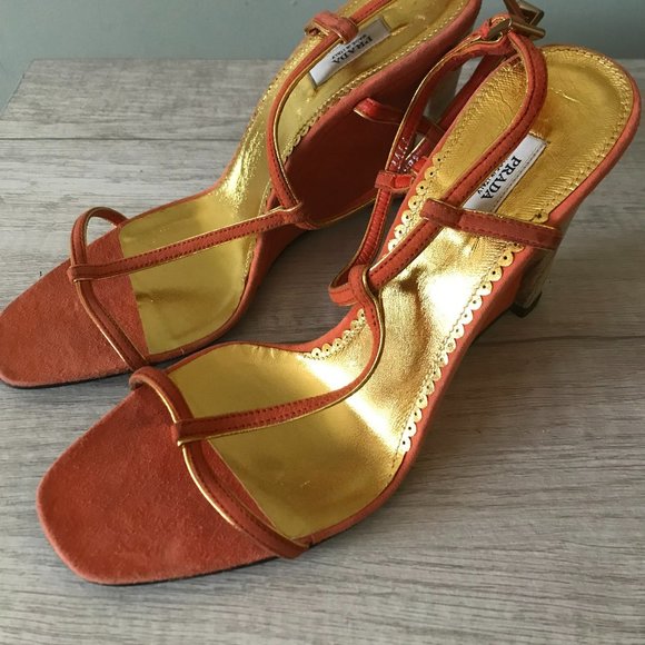 NEW PRADA ORANGE SUEDE SNAKESKIN WEDGE HEELS SIZE 35/5 - Picture 4 of 11